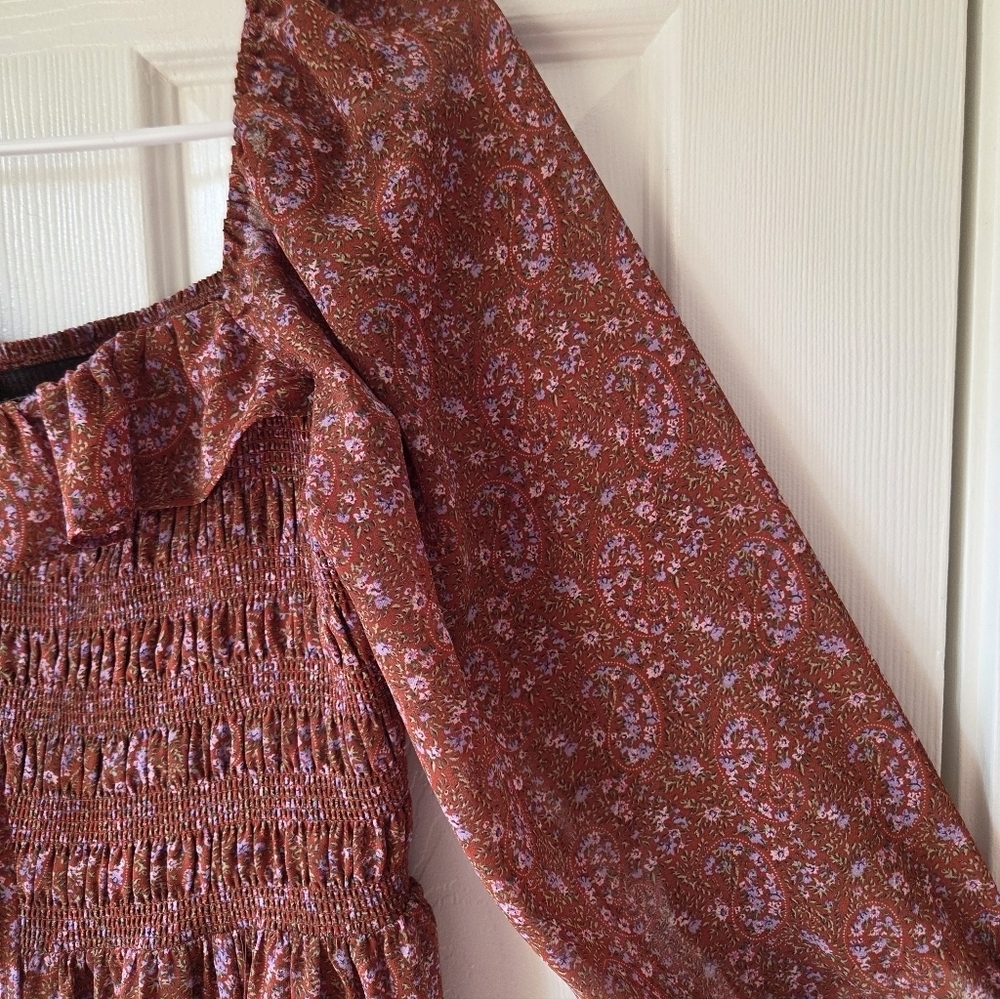 CODE X MODE Cottagecore Dress Sz M Rust Brown Floral Fall Boho Prairie - Picture 7 of 10
